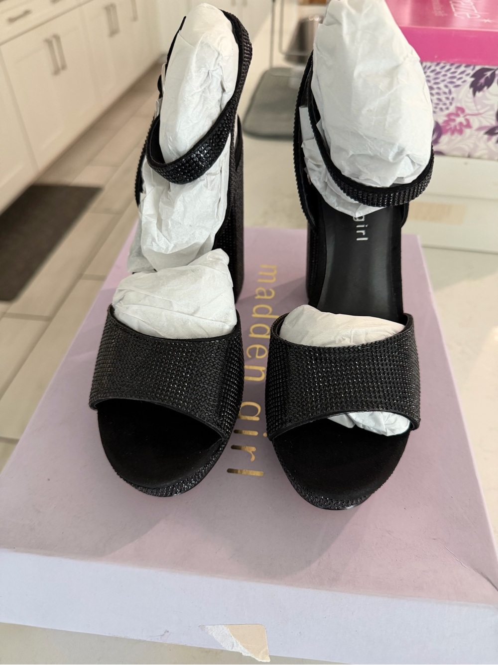 Madden Girl Black Sparkle Ankle-Strap Heels